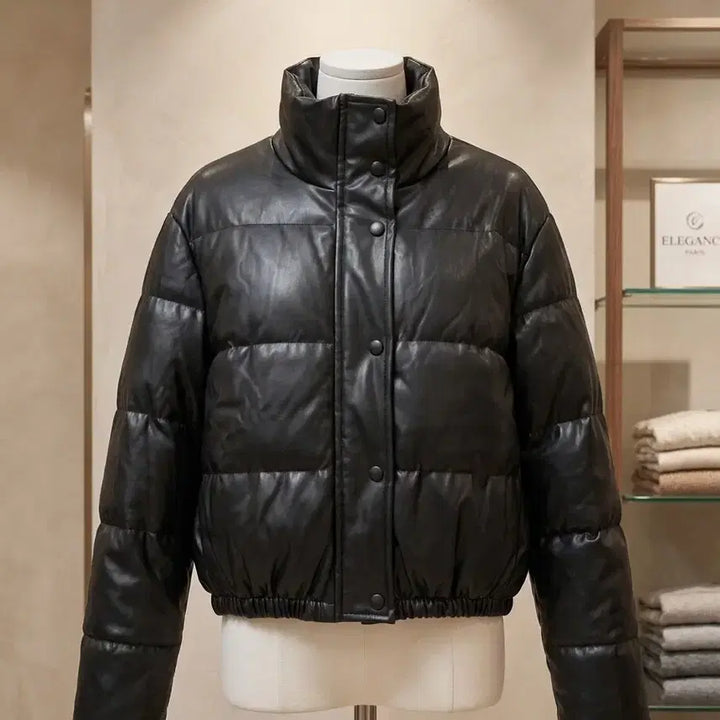 [BUNJANG] Black Leather Oversized Short Padded Jacket / 66~77/블랙 레더 오버핏 숏패딩