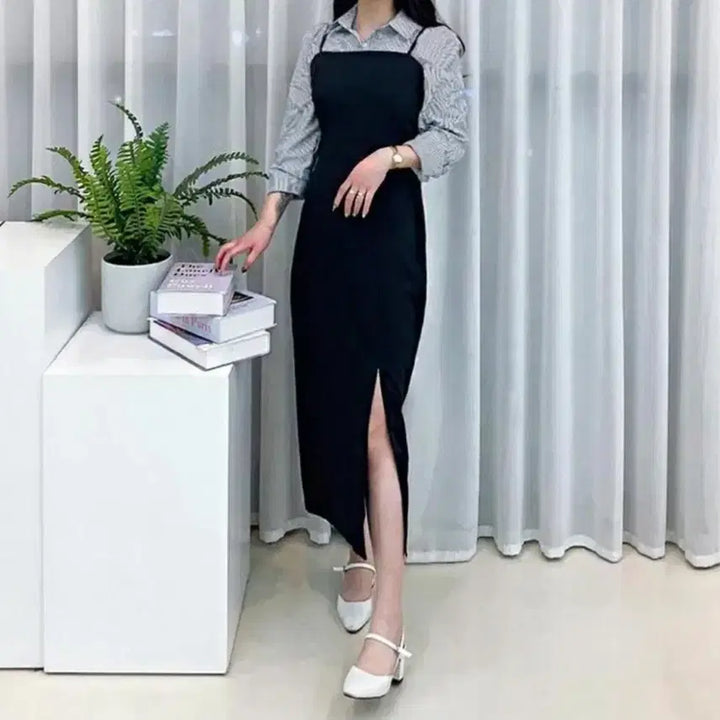 [BUNJANG] Sleeveless Square Neck Side Slit Maxi Dress (Black) / 끈나시 스퀘어넥 H라인 옆트임 롱 원피스