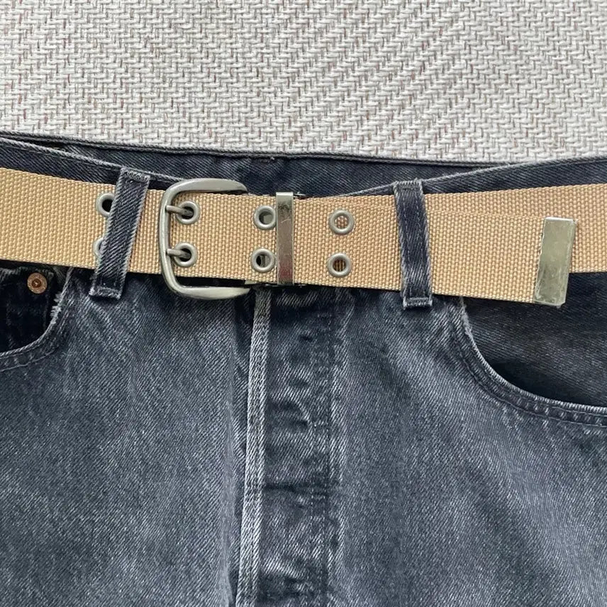 [BUNJANG] Vintage Eyelet Silver Buckle Webbing Belt / 빈티지 아일렛 실버버클 웨빙 벨트