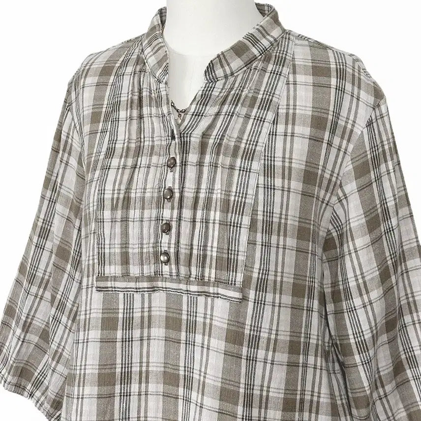 [BUNJANG] Vintage Check Pattern Blouse Shirt Beige / 일본빈티지 반오픈버튼업 체크핀턱블라우스셔츠티베이지 모리걸하구미룩갸루y2k