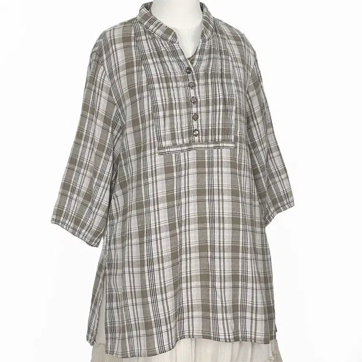 [BUNJANG] Vintage Check Pattern Blouse Shirt Beige / 일본빈티지 반오픈버튼업 체크핀턱블라우스셔츠티베이지 모리걸하구미룩갸루y2k