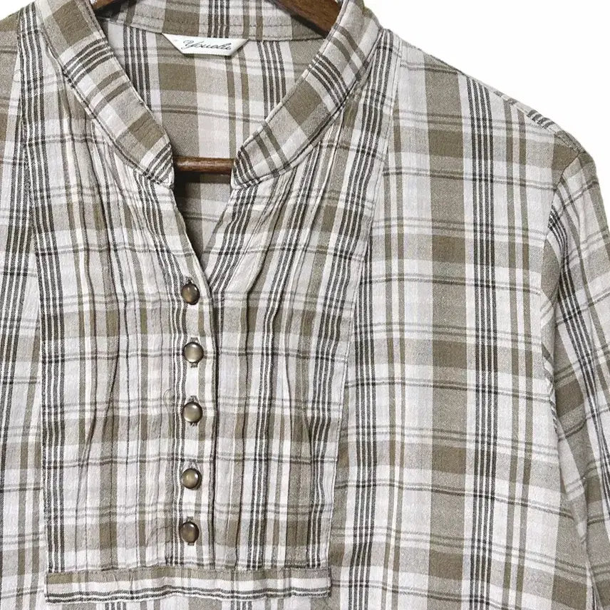 [BUNJANG] Vintage Check Pattern Blouse Shirt Beige / 일본빈티지 반오픈버튼업 체크핀턱블라우스셔츠티베이지 모리걸하구미룩갸루y2k