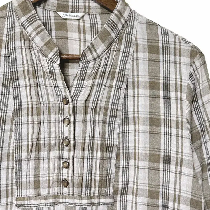 [BUNJANG] Vintage Check Pattern Blouse Shirt Beige / 일본빈티지 반오픈버튼업 체크핀턱블라우스셔츠티베이지 모리걸하구미룩갸루y2k