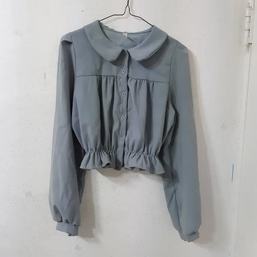 [BUNJANG] Gray Chiffon Crop Blouse / 그레이색 청순여리 둥근 카라 퍼프 크롭 블라우스