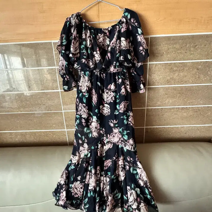 [BUNJANG] Black Floral Pattern Chiffon Long Dress / 검정 플라워 패턴 쉬폰 원피스