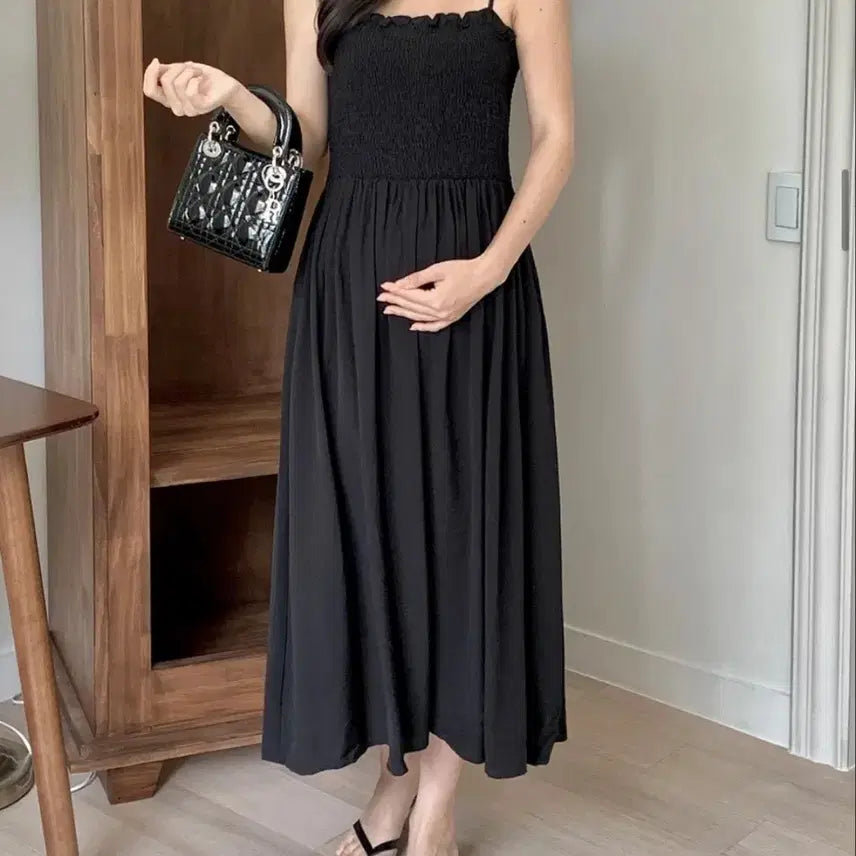 [BUNJANG] Black Shirring Sleeveless Long Dress (Plus Size) / 블랙 셔링 롱 원피스 끈나시 빅사이즈