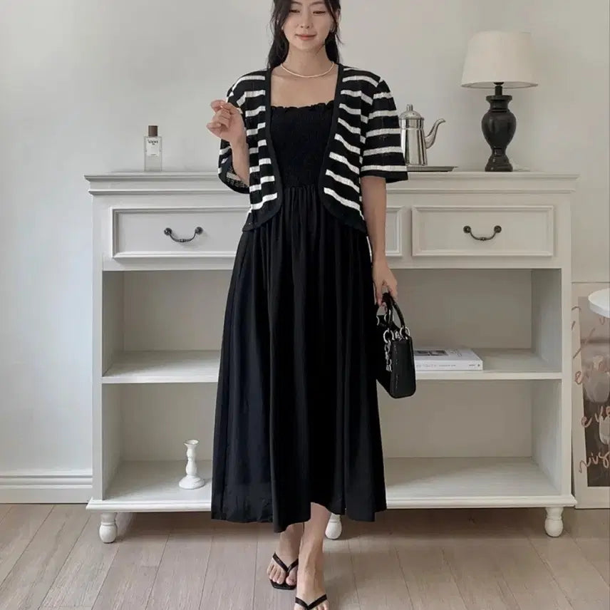 [BUNJANG] Black Shirring Sleeveless Long Dress (Plus Size) / 블랙 셔링 롱 원피스 끈나시 빅사이즈