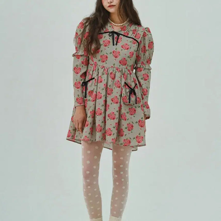 [BUNJANG] Jollyraid Rose Ribbon Mini Dress / 졸리레이드 로즈 리본 원피스