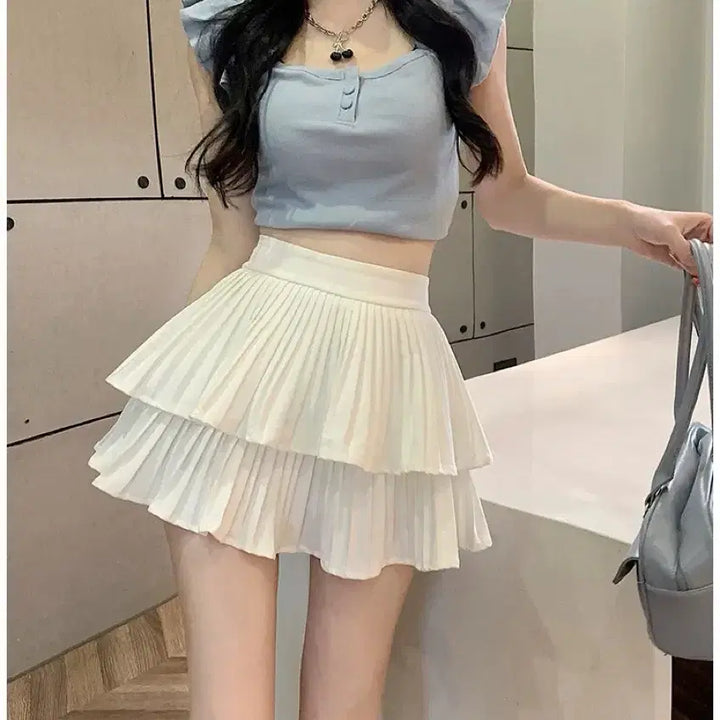 [BUNJANG] Layered Frill Pleated Mini Skirt White / 레이어드 프릴 플리츠 미니스커트 화이트