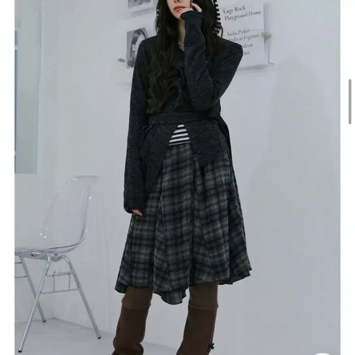 [BUNJANG] Tilde Seoul Lua Vintage Check Midi Skirt / 틸데서울 루아 빈티지 기모 체크 언발 미디 스커트 치마 차콜 블랙업 낫토