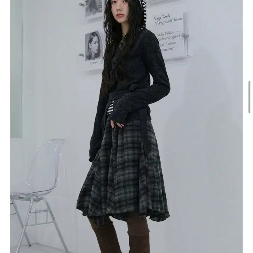 [BUNJANG] Tilde Seoul Lua Vintage Check Midi Skirt / 틸데서울 루아 빈티지 기모 체크 언발 미디 스커트 치마 차콜 블랙업 낫토