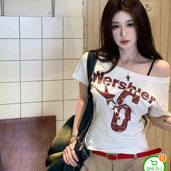 [BUNJANG] Red Printed One-Shoulder Top / 레드 프린팅 원 오프숄더 티셔츠