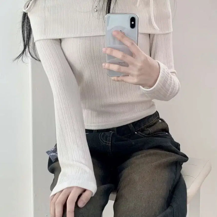 [BUNJANG] Ablie Ribbon Tie Off-Shoulder Top / 에이블리 리본 끈 오프숄더 아이보리 색상