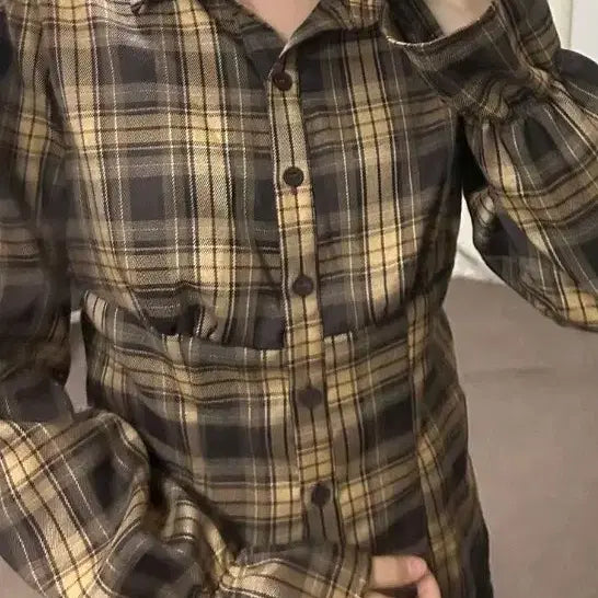 [BUNJANG] Brown Check Puff Blouse / 브라운 체크 퍼프 블라우스