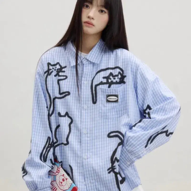 [BUNJANG] Kuas Cat Graffiti Check Summer Shirt / [단순개봉 새상품] eeee / kuas 고양이 그래피티 체크 여름 셔츠