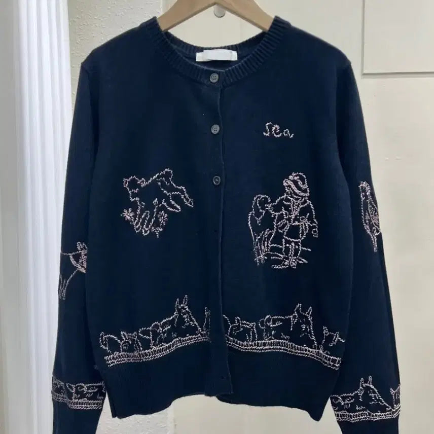 [BUNJANG] Sea Embroidered Wool Cardigan - Navy / Sea 자수 울 가디건 네이비