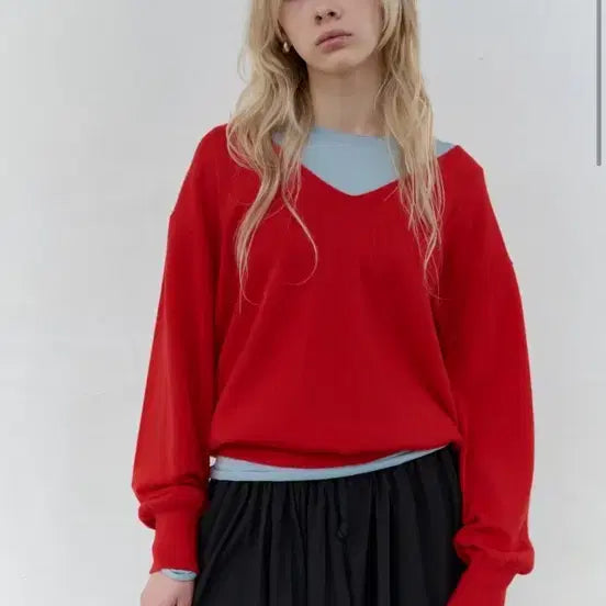 [BUNJANG] Seoran Deep V-Neck Knit Red / SEORAN 딥브이넥 니트 레드
