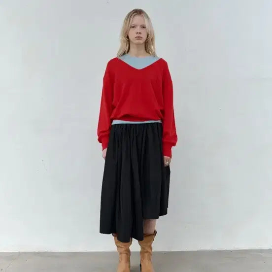 [BUNJANG] Seoran Deep V-Neck Knit Red / SEORAN 딥브이넥 니트 레드