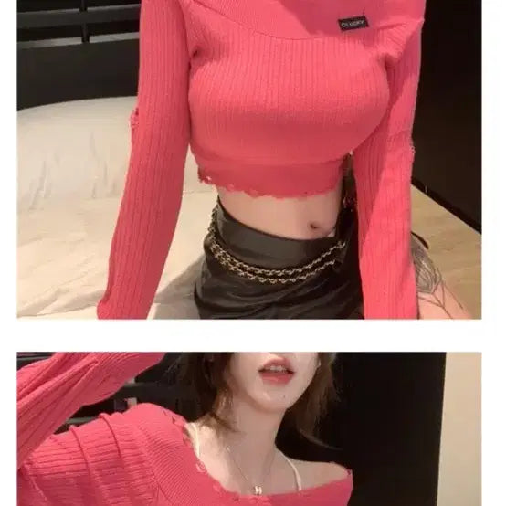 [BUNJANG] Pink Off-Shoulder Crop Knit Top / 핑크 오프숄더 크롭 니트