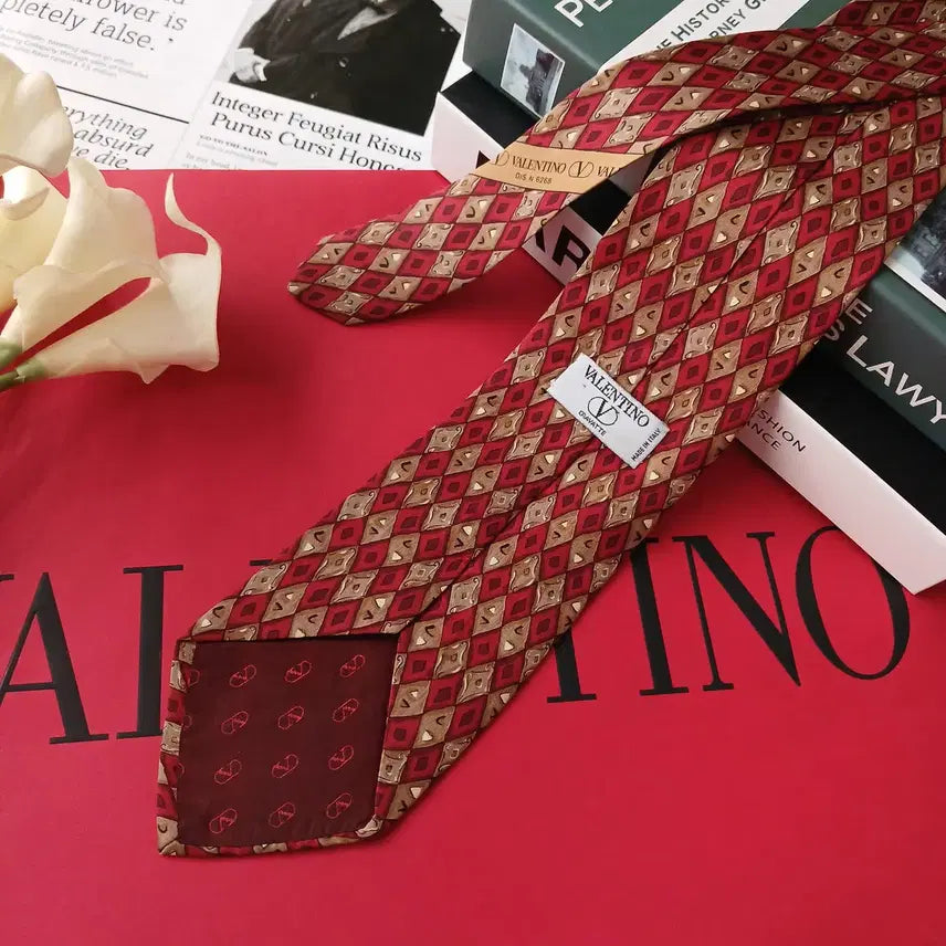 [BUNJANG] Valentino Geometric Pattern Silk Tie / 발렌티노 실크 레드 기하학 패턴 넥타이 9.5cm A+등급 E877