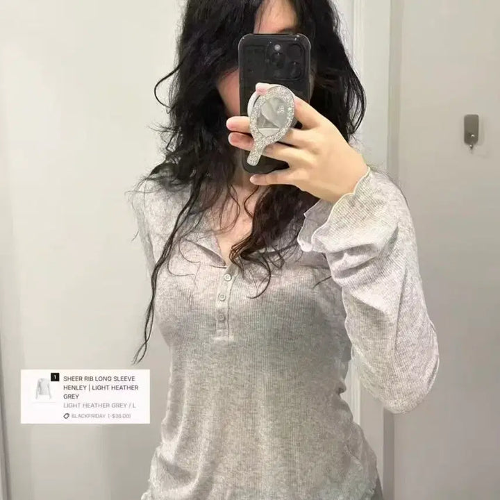 [BUNJANG] Light Header Gray Henley Neck Long Sleeve T-shirt / 라이트 헤더 그레이 헨리넥 긴팔티