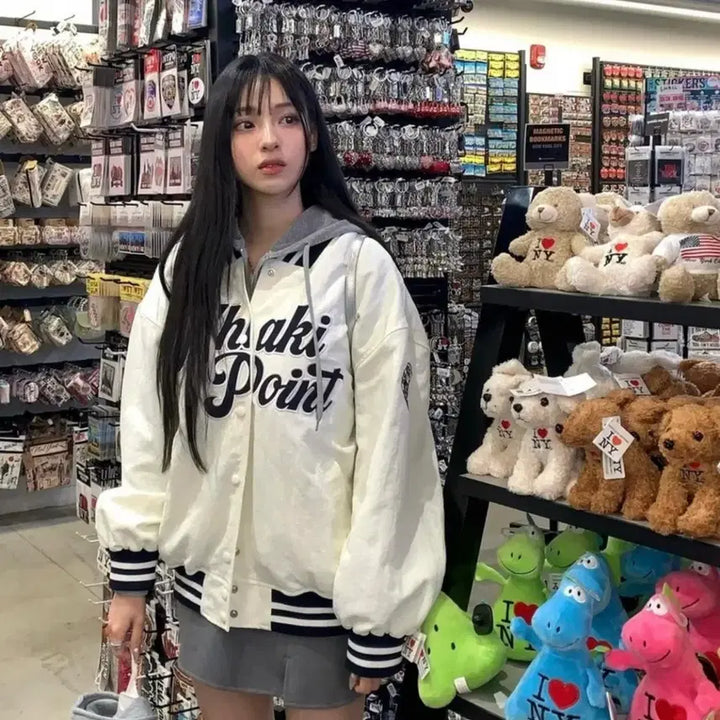 [BUNJANG] Kaki Point Nylon Stadium Varsity Jacket - Ivory / 카키포인트 나일론 스타디움 바시티자켓 아이보리