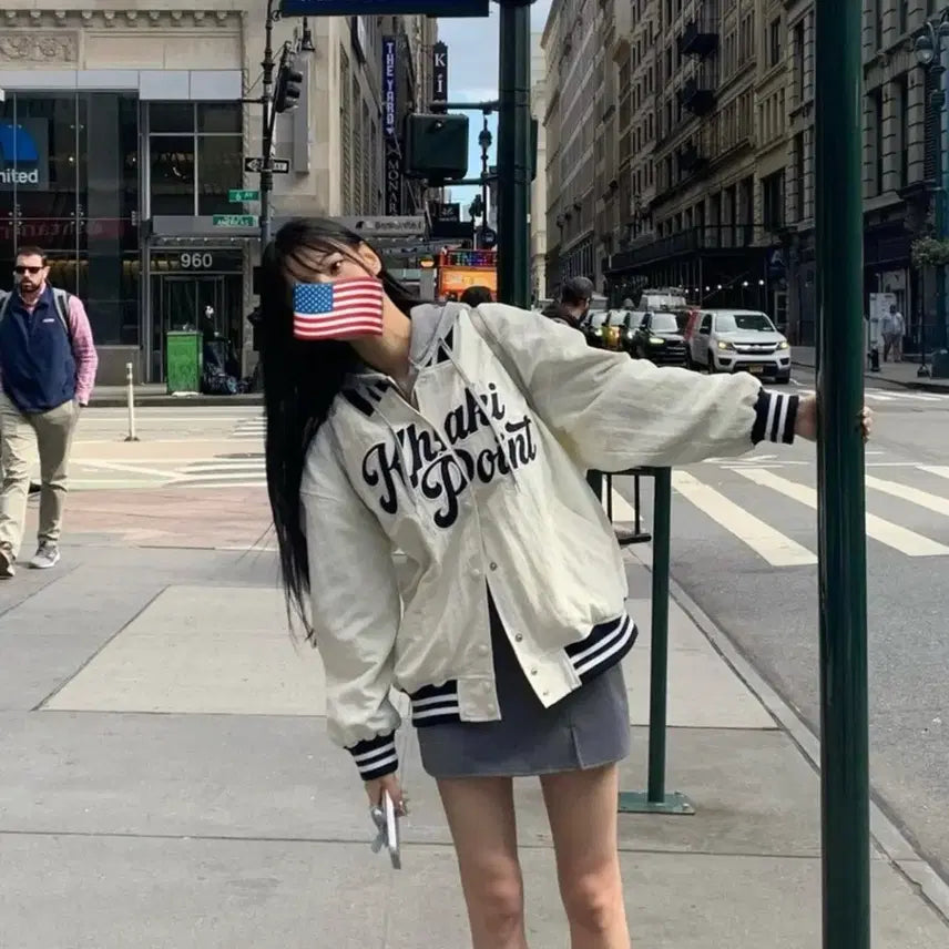 [BUNJANG] Kaki Point Nylon Stadium Varsity Jacket - Ivory / 카키포인트 나일론 스타디움 바시티자켓 아이보리