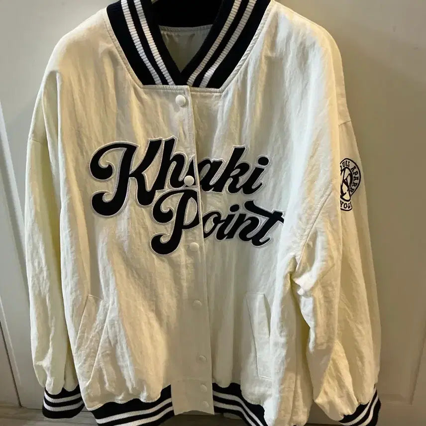 [BUNJANG] Kaki Point Nylon Stadium Varsity Jacket - Ivory / 카키포인트 나일론 스타디움 바시티자켓 아이보리