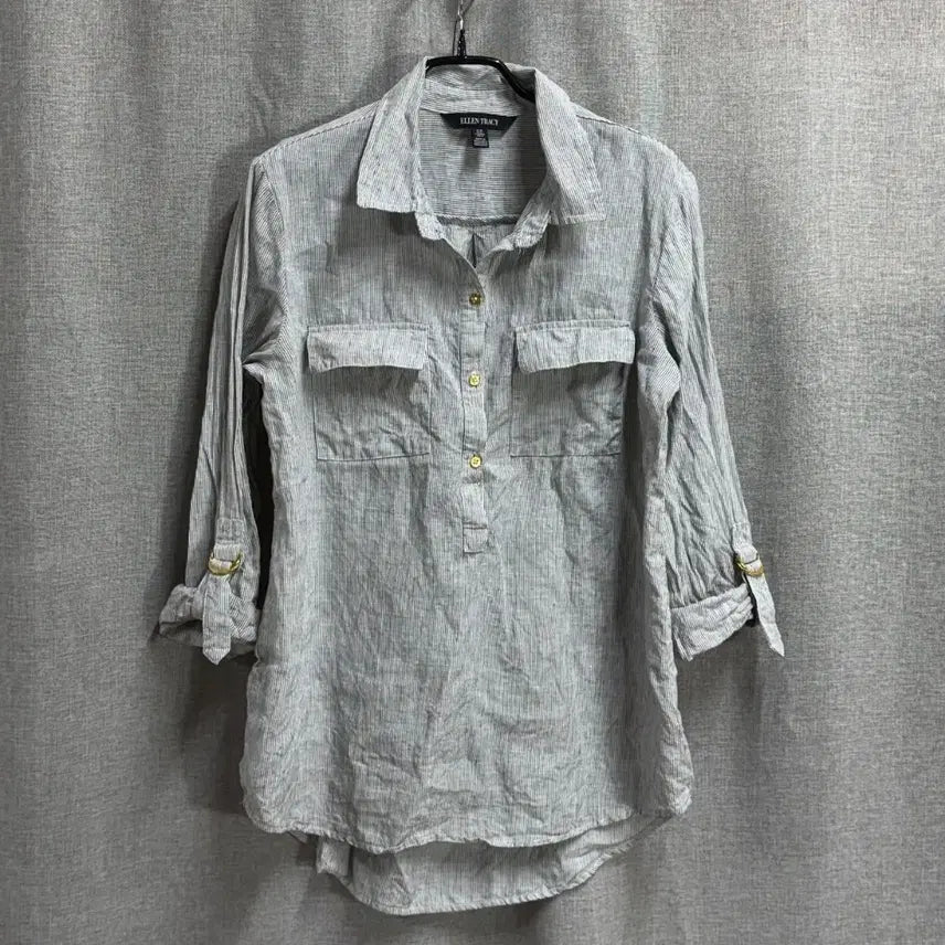 [BUNJANG] Ellen Tracy Linen Striped Shirt Blouse / [M] 엘렌트레이시 린넨 마 스트라이프 셔츠 블라우스