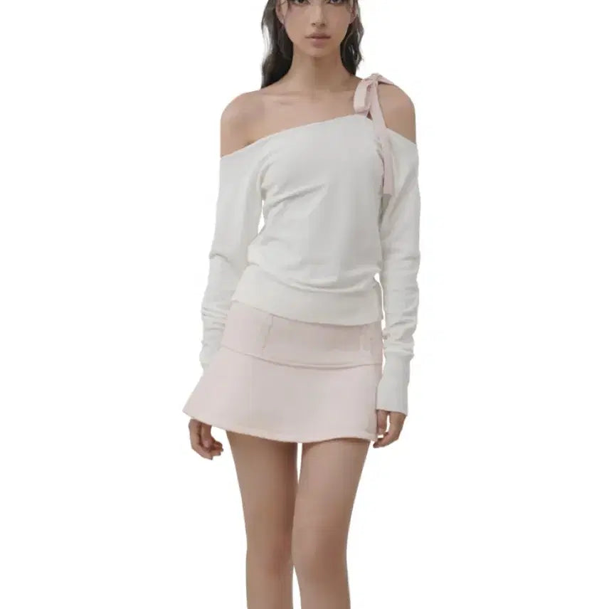 [BUNJANG] Clearsier Ribbon Off-Shoulder Knit / 클리시어 리본 오프숄더 니트