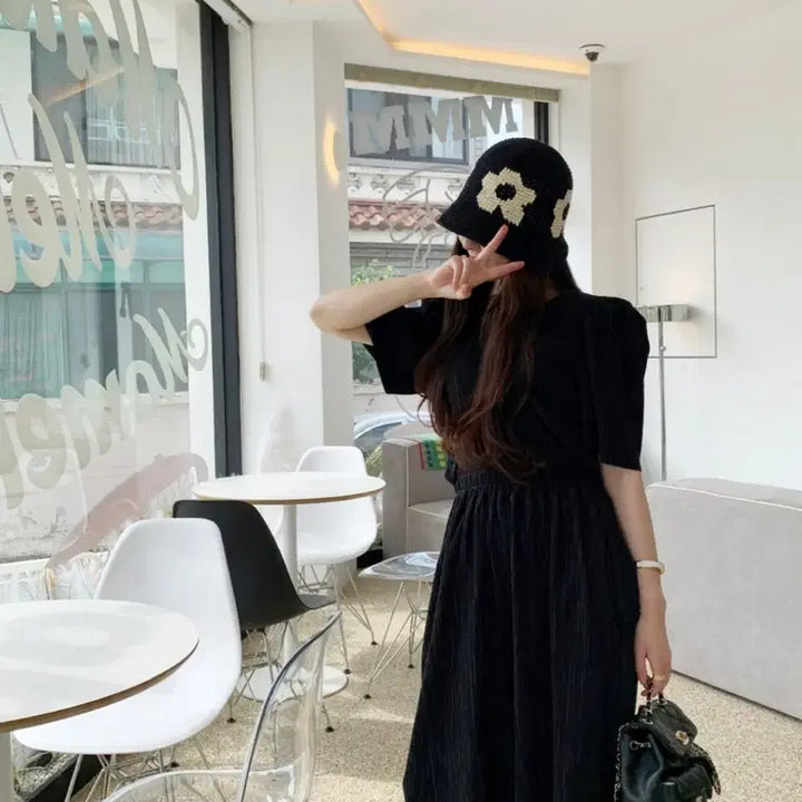 [BUNJANG] Vicinni Ivory/Navy/Black Pleated Puff Sleeve Set / 바이씨니/아이보리or네이비or블랙 패드 퍼프 플리츠 세트