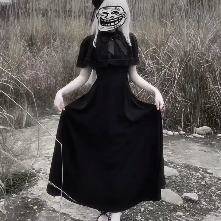[BUNJANG] Gothic Lolita Black Cape Long Dress / 고딕 로리타 블랙 케이프 롱 원피스