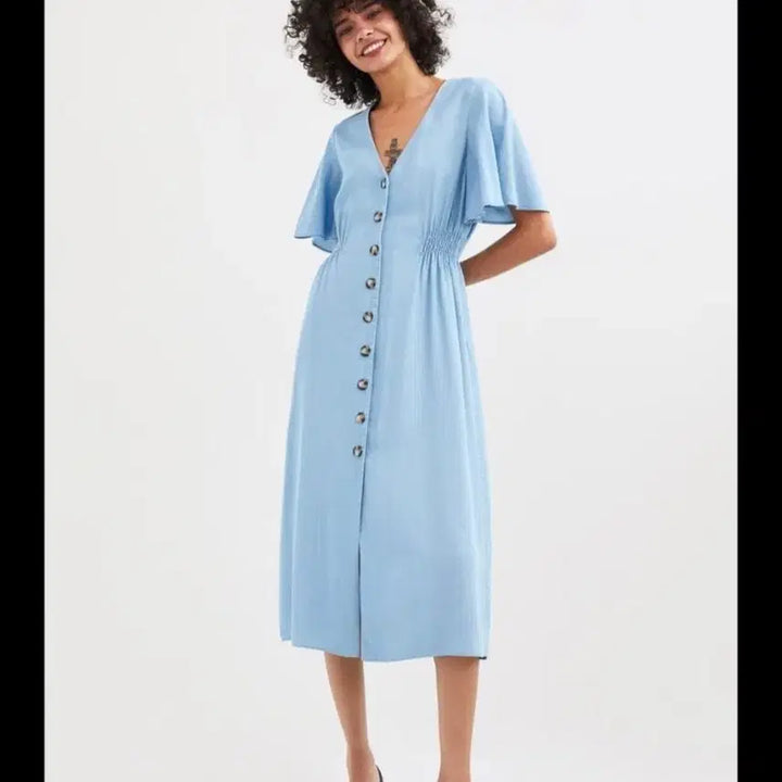 [BUNJANG] ZARA Black V-Neck Button Long Dress / 자라 블랙 브이넥 버튼 반팔 롱 원피스