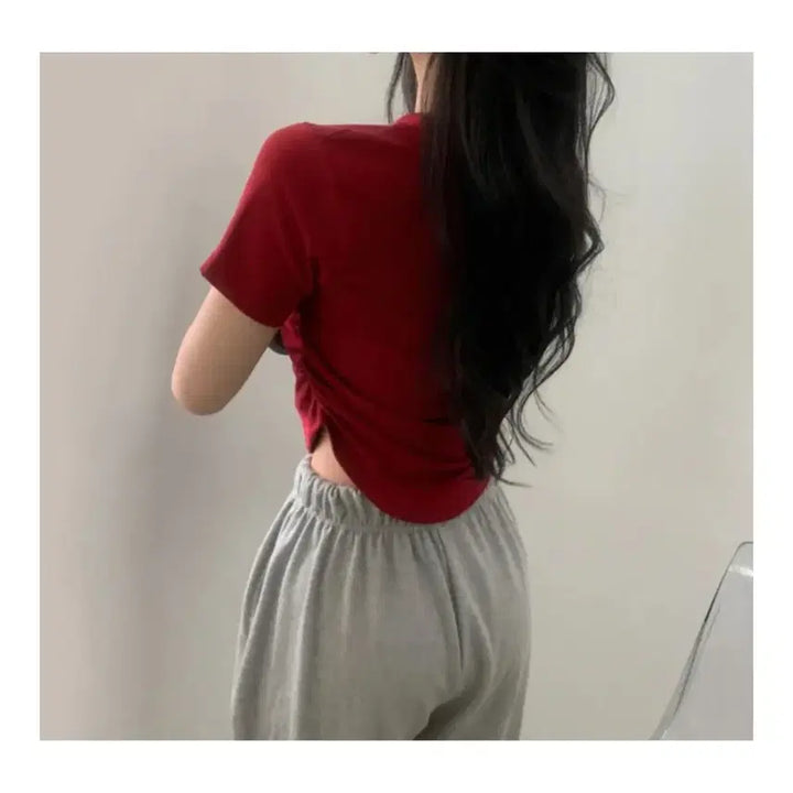 [BUNJANG] Wine Red Shirring Crop Top / 와인색 셔링 크롭티(프리사이즈)