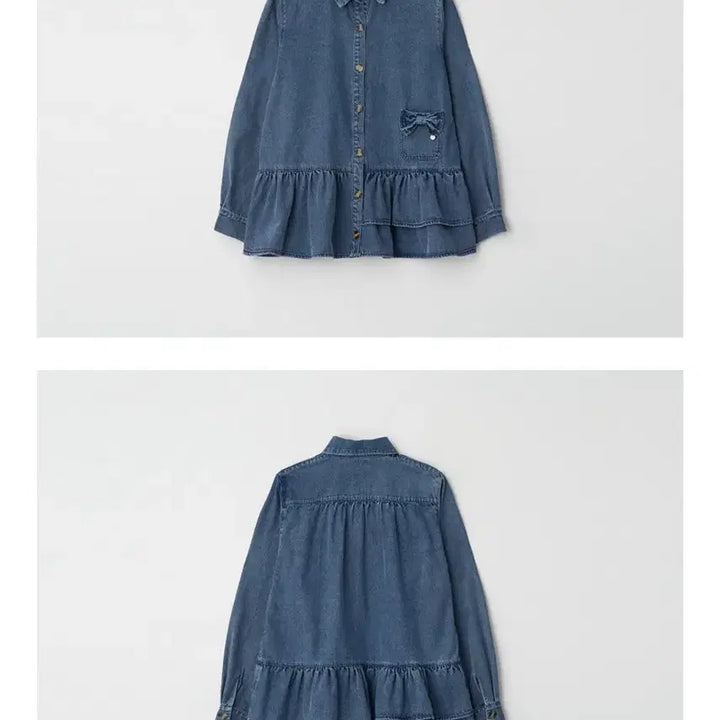 [BUNJANG] RonRon Pocket Frill Denim Shirt Blue / 론론 포켓 프릴 데님 셔츠 블루