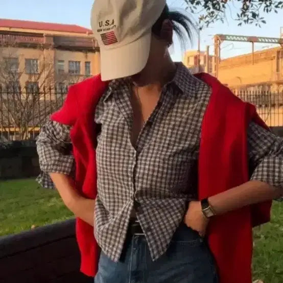 [BUNJANG] Baydelli Crop Check Shirt / 에이블리 베이델리 크롭체크셔츠
