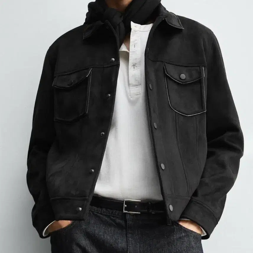 [BUNJANG] ZARA Suede Trucker Jacket / 자라 블랙 스웨이드 트러커 자켓 세무 가죽 레더 라이더 바이커 L 100