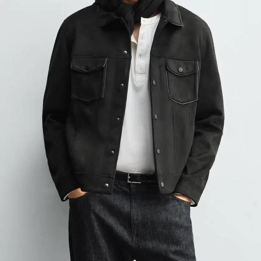[BUNJANG] ZARA Suede Trucker Jacket / 자라 블랙 스웨이드 트러커 자켓 세무 가죽 레더 라이더 바이커 L 100