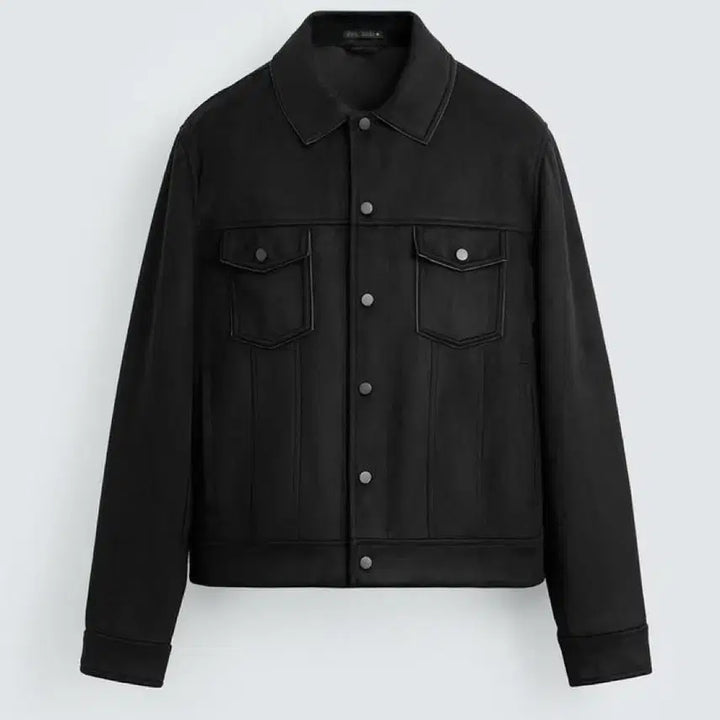 [BUNJANG] ZARA Suede Trucker Jacket / 자라 블랙 스웨이드 트러커 자켓 세무 가죽 레더 라이더 바이커 L 100