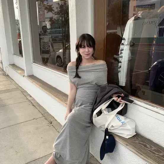 [BUNJANG] Without Summer Comfort Off-Shoulder Set Gray / 위드아웃썸머 컴포트 오프숄더 세트 그레이