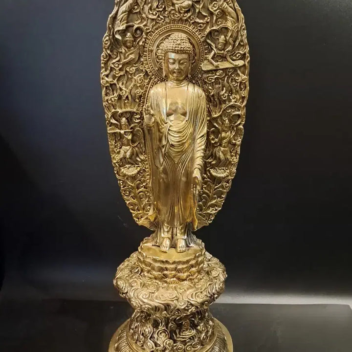 [BUNJANG] Brass Standing Buddha Statue with Aureole / 황동 석가모니 광배 입불상