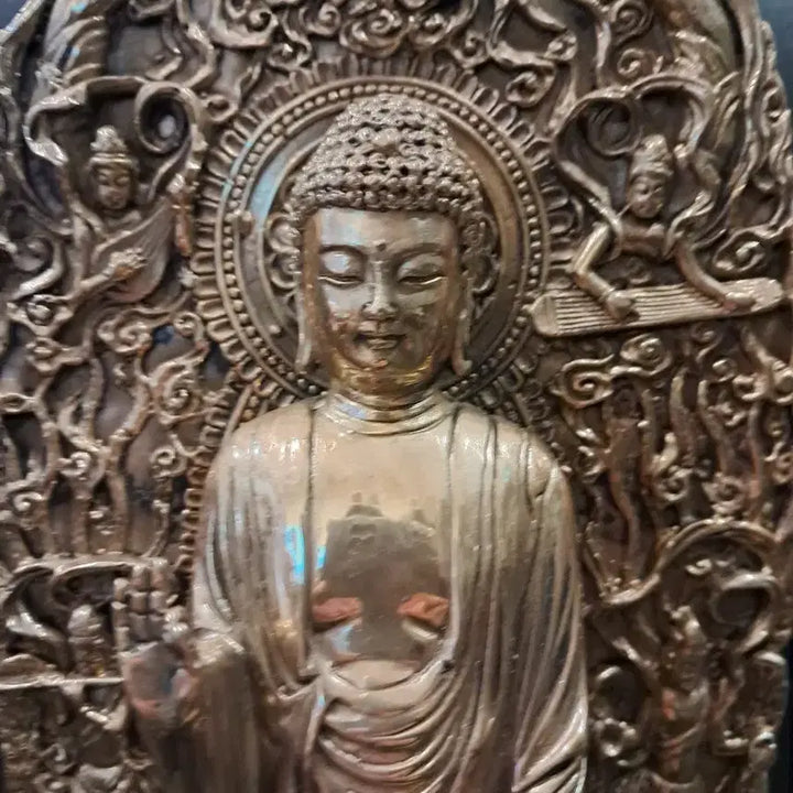 [BUNJANG] Brass Standing Buddha Statue with Aureole / 황동 석가모니 광배 입불상