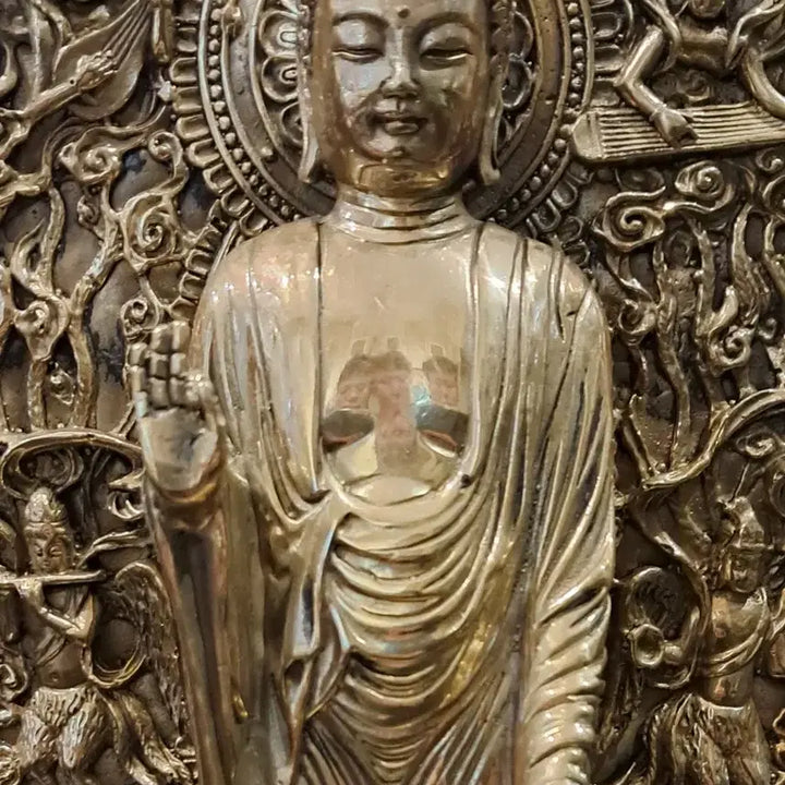 [BUNJANG] Brass Standing Buddha Statue with Aureole / 황동 석가모니 광배 입불상