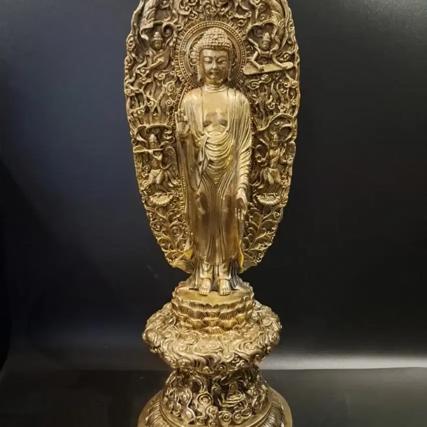 [BUNJANG] Brass Standing Buddha Statue with Aureole / 황동 석가모니 광배 입불상