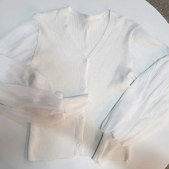 [BUNJANG] White See-through Sleeve Cardigan Knit / 화이트 시스루 소매 가디건 니트