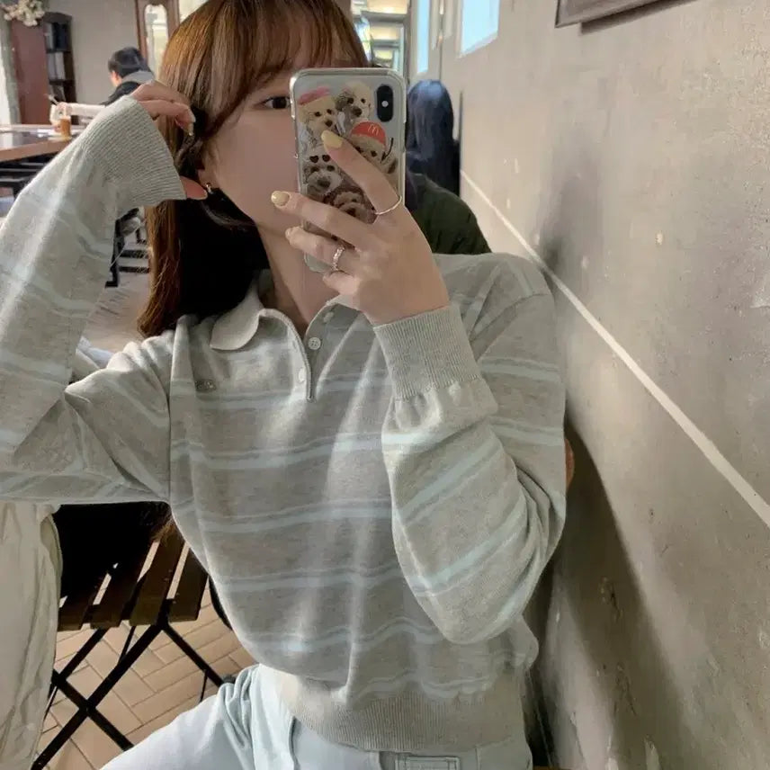 [BUNJANG] Aubein Bongbong Striped Collar Knit / 어베인 봉봉 스트라이프 카라 니트