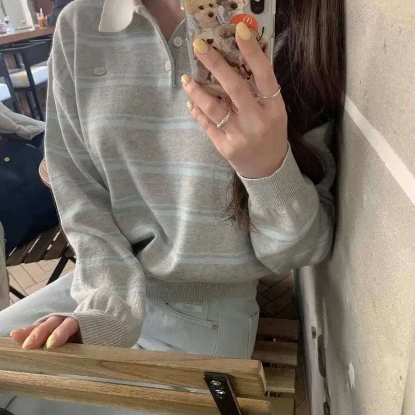 [BUNJANG] Aubein Bongbong Striped Collar Knit / 어베인 봉봉 스트라이프 카라 니트