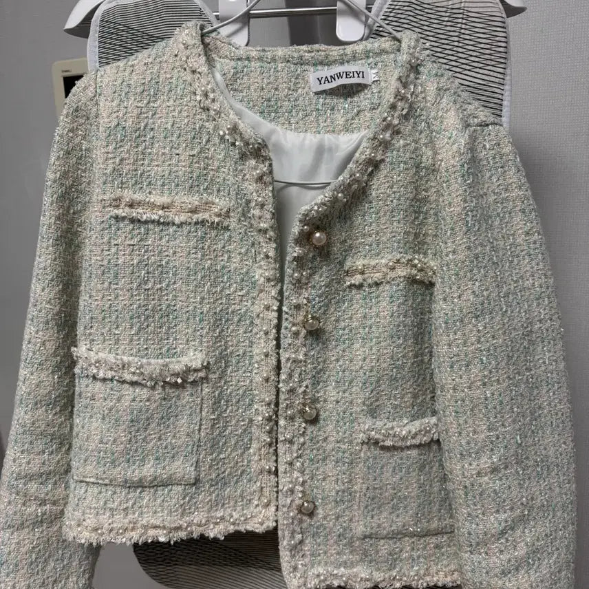 [BUNJANG] Mint Tweed Jacket Set with Pearl Embellishments / [M] 민트색 트위드 자켓 세트 진주 장식