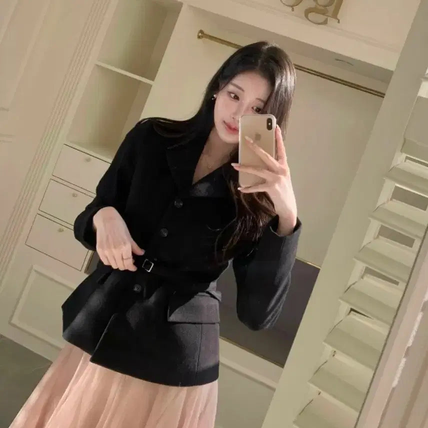 [BUNJANG] High-Quality Buttoned Collar Belted Jacket / 원가97[새상품]국내제작 하이퀄리티 단추 카라 벨트 자켓 라이트미