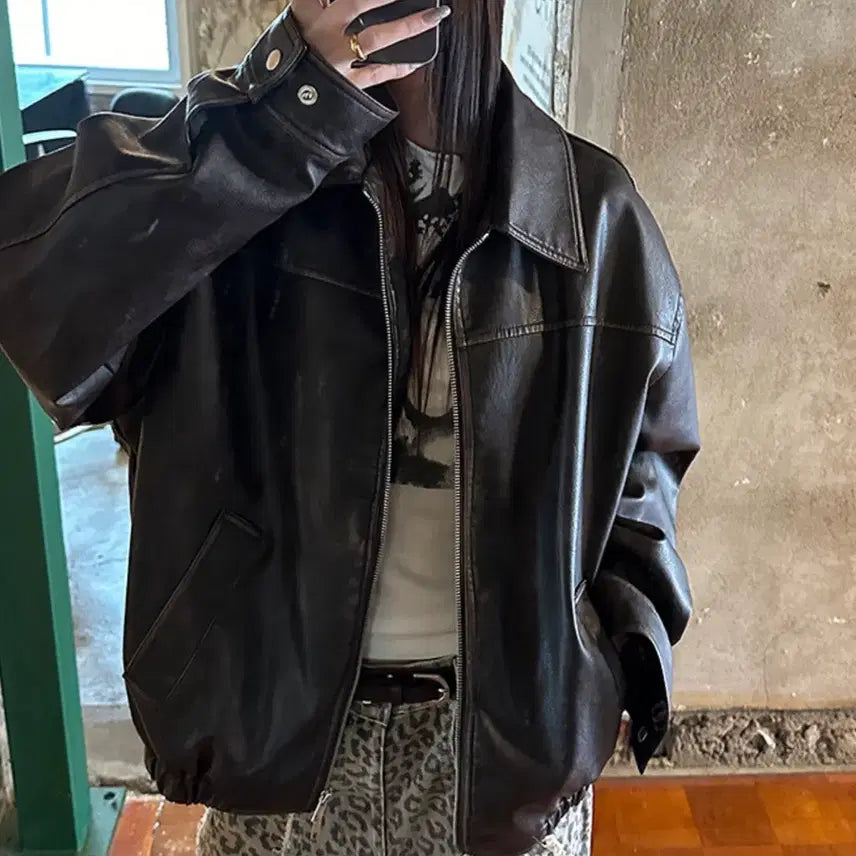 [BUNJANG] More Movement Paneled Washed Leather Jumper (Brown) / 모어모먼트 절개 워싱 레더 점퍼 (브라운)